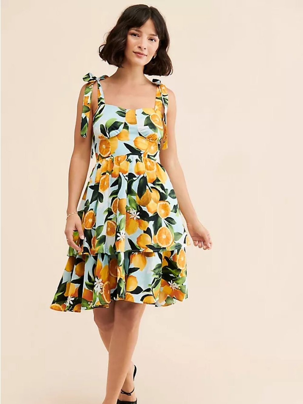 Anthropologie x Rachel Parcel Tiered Citrus Print Sundress with Tie Straps | M